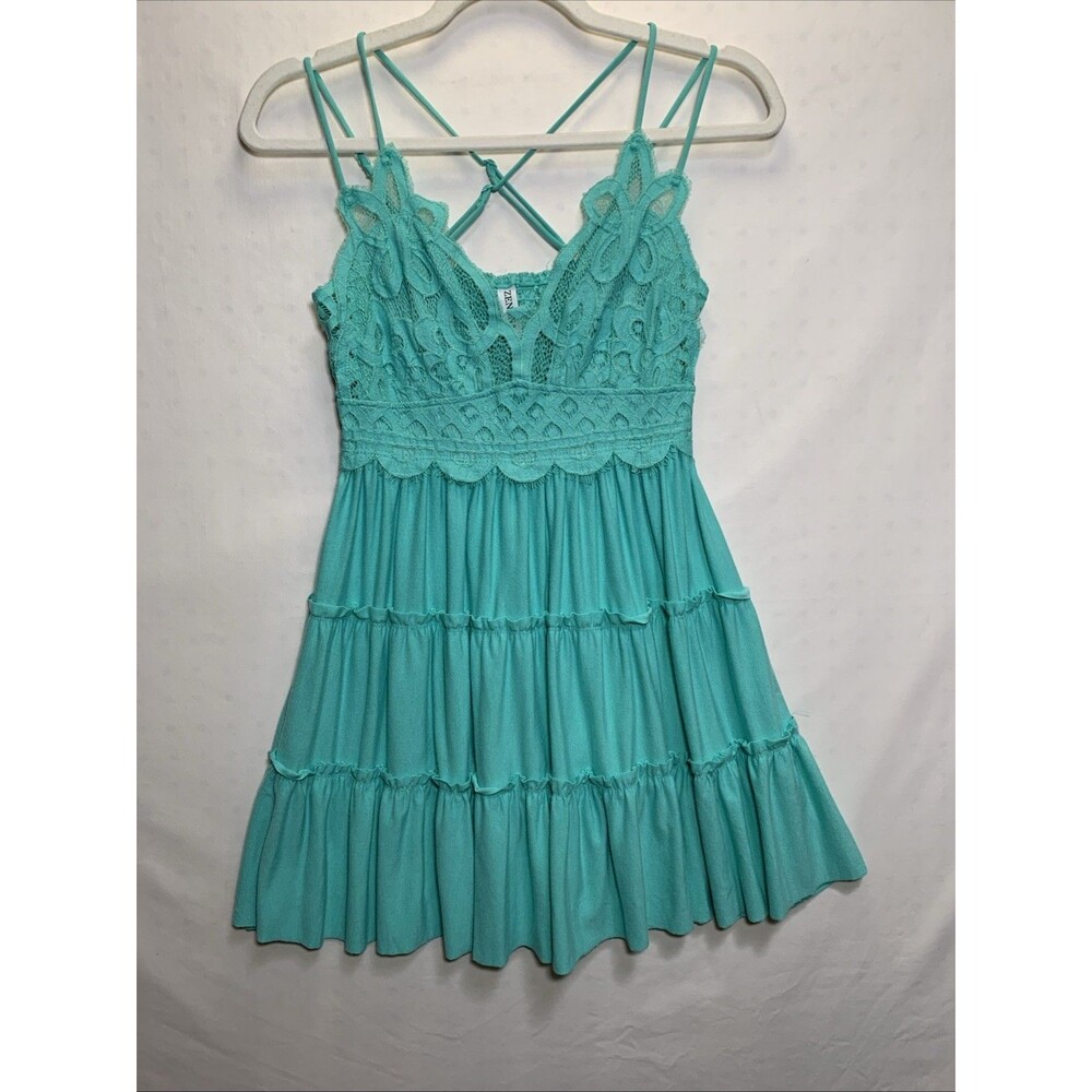 Feminine Lace Trimmed Flowy Tiered Whimsical Fairy Dress, Aqua Green, Sz Large
